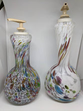 Load image into Gallery viewer, Glass soap dispenser Bottle or Vase. Vibrant flower & rainbow confetti colors.