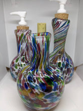 Load image into Gallery viewer, Glass soap dispenser Bottle or Vase. Vibrant flower & rainbow confetti colors.